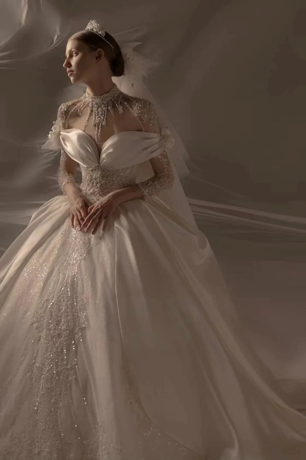 Opulent Ball Gown Off-the-Shoulder Satin Wedding Dress with Sequin Embroidery & Dramatic Train Q6018 by ZAPDRESS