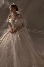 Opulent Ball Gown Off-the-Shoulder Satin Wedding Dress with Sequin Embroidery & Dramatic Train Q6018 by ZAPDRESS