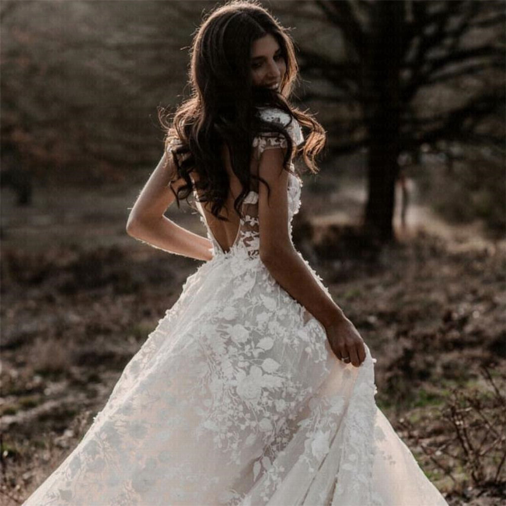 New Romantic Boho Country Wedding Dresses With 3D Flowers Sexy V-Neck Illusion Arabic Bridal Wedding Gowns