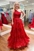 Sparkly Red One Shoulde Ruffle Tulle A-Line Long Prom Dresses by Kissprom