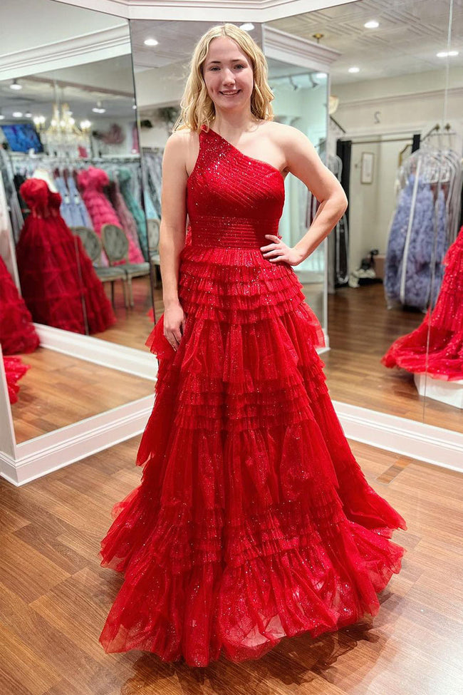 Sparkly Red One Shoulde Ruffle Tulle A-Line Long Prom Dresses Hover Image