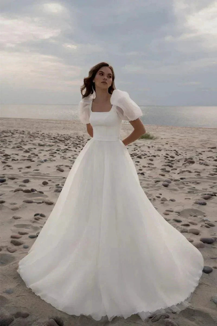Wedding Dresses Charming A-Line Square Neck Short Sleeves with Train by Aabei Dress