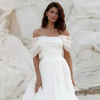 Simple A-Line Bohemian Bridal Dresses Women's Sexy Off Shoulder White Pleated Tulle Beach Formal Prom Party Fashion 2023 Wedding by payinti