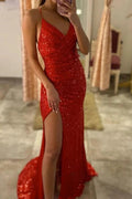 Ravishing Red Sequin Split Evening Gown with Spaghetti Straps by BIZTUNNEL