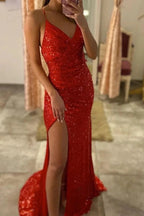 Ravishing Red Sequin Split Evening Gown with Spaghetti Straps by BIZTUNNEL