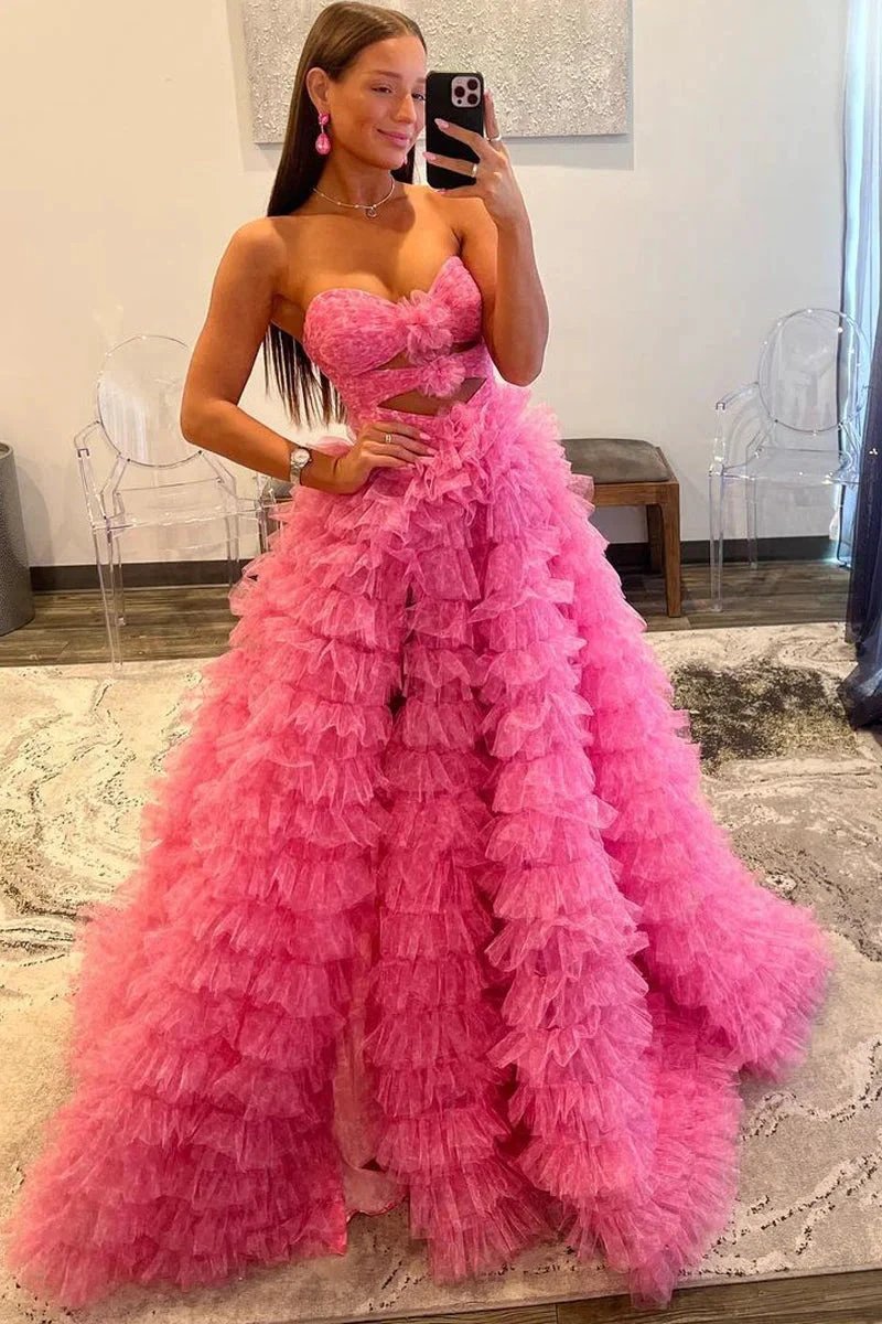 Reyna |Ball Gown Sweetheart Pink Tiered Printed Tulle Prom Dress by KissProm