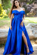 Regal Blue Off The Shoulder A-Line Satin Gown with Elegant Split Hem by BIZTUNNEL