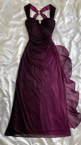 Vestido de noche largo de gasa color morado uva con escote en V profundo, sin espalda, para fiesta y graduación, Y7482
