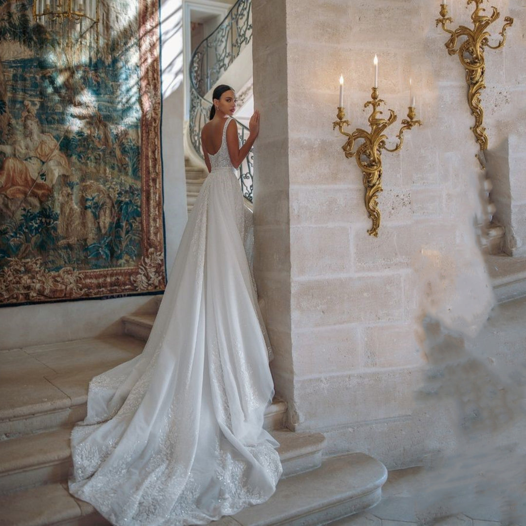 Exquisite Wedding Dress For Woman Square-Neck A-Line Lace Appliques Sequins Bride Gowns Tulle Sweep Train Vestido Custom