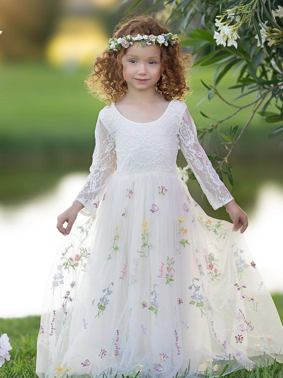 Floral Lace Embroidered Tulle A-Line Full-Length Garden Flower Girl Dress - photo 1
