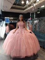 Glitter Pink Tulle Appliques Ball Gown , Sweet 16 Dress , Pink Quinceanera Dress Y750 by simplepromdress