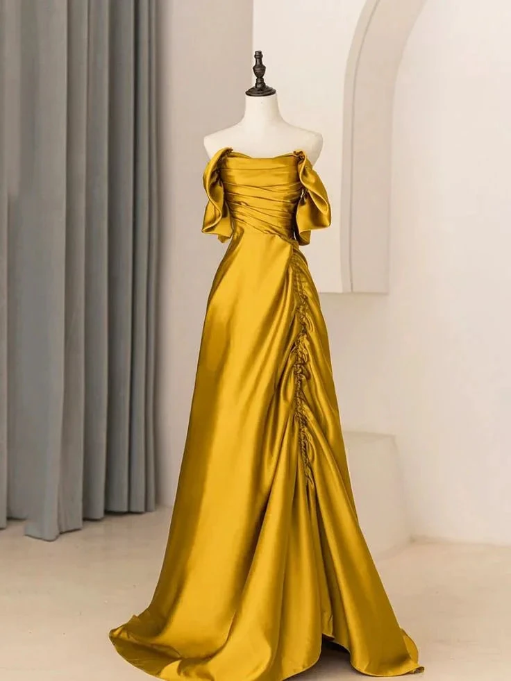 Unique A-Line Satin Long Prom Dress Off The Shoulder Pleated Evening Dress Y7599 by simplepromdress