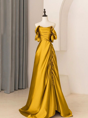 Vestido de fiesta largo de satén con corte A y hombros descubiertos, plisado, Y7599