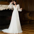 Elegant Glitter Tulle Deep V-Neck Wedding Dresses Princess Shiny Lantern Sleeves Backless A-Line Pleated Bridal Gowns by payinti