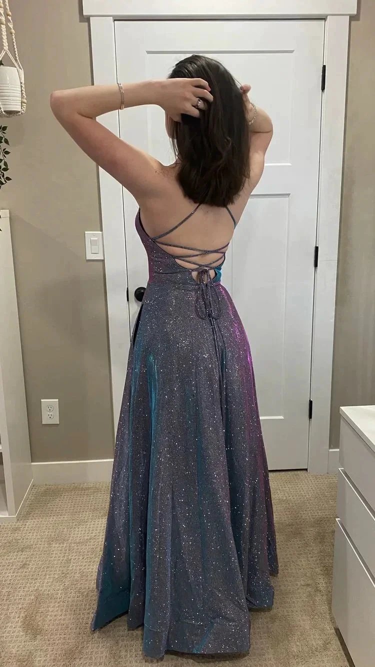 A-line Spaghetti Straps Evening Dress Sparkly Prom Dress Y426 by simplepromdress