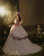 Dreamy Lavender Off-Shoulder Tulle Ball Gown with Puff Sleeves & 3D Floral Accents by ZAPDRESS
