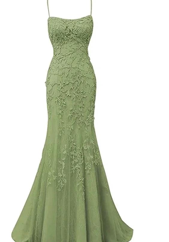 Sage Green Lace Appliques Dresses Long Prom Dress Mermaid Spaghetti Straps Evening Dress Y295 by simplepromdress