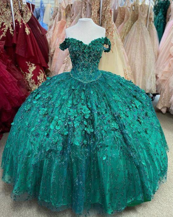 Emerald Green Hand Beaded Flower Ball Gown Quinceanera Dress Off Shoulder Sweetheart Gown Y293 by simplepromdress