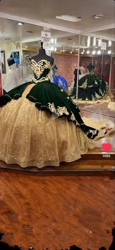 Emerald Green and Gold Quince Dress Stunning Ball Gown Y294 by simplepromdress