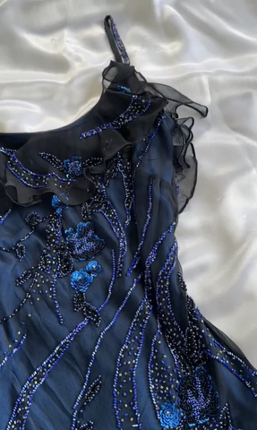 Lujoso vestido de noche de gasa azul marino con cuentas, vestido formal para fiesta de graduación Y7529