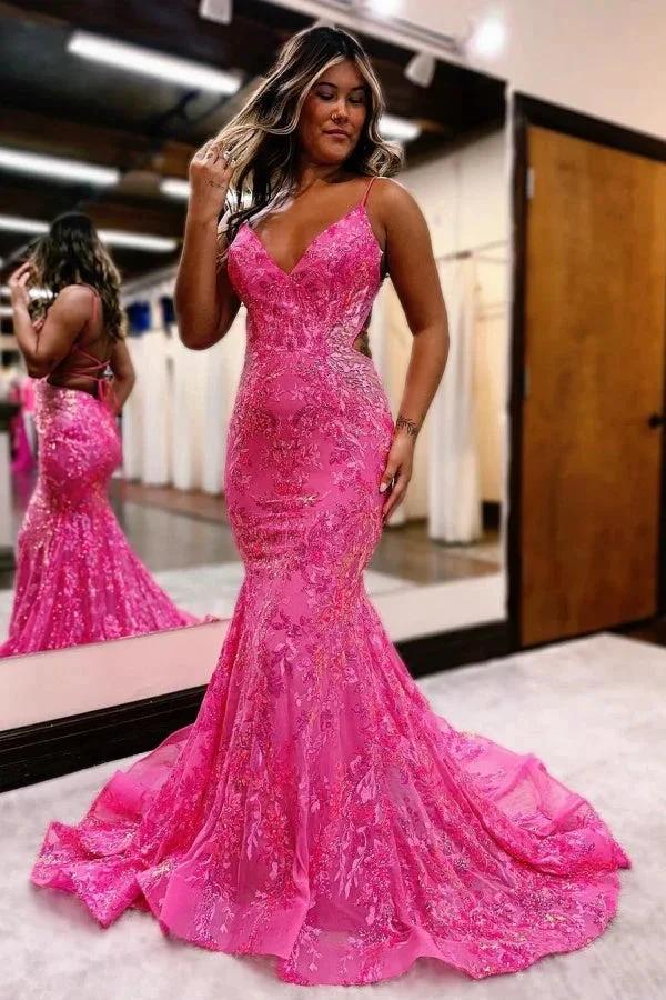 Sleeveless Pink Sequins Mermaid Long Prom Dress with Backless Spaghetti Straps by BIZTUNNEL