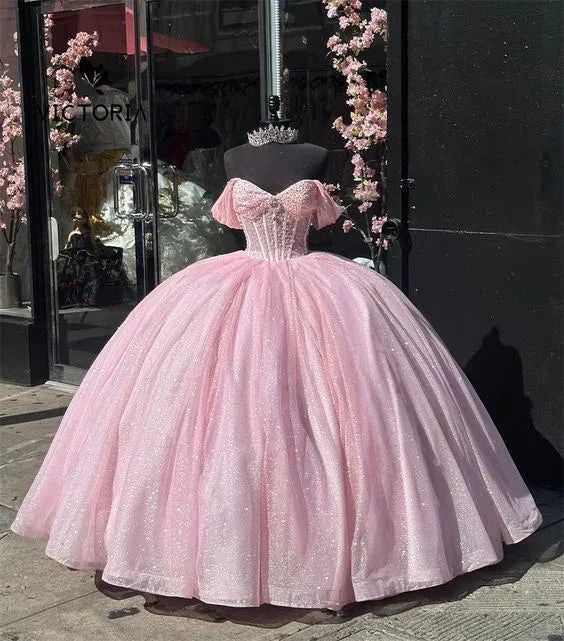 Glitter Off The Shoulder Pink Tulle Beaded Ball Gown Quinceanera Dress Y7462 by simplepromdress