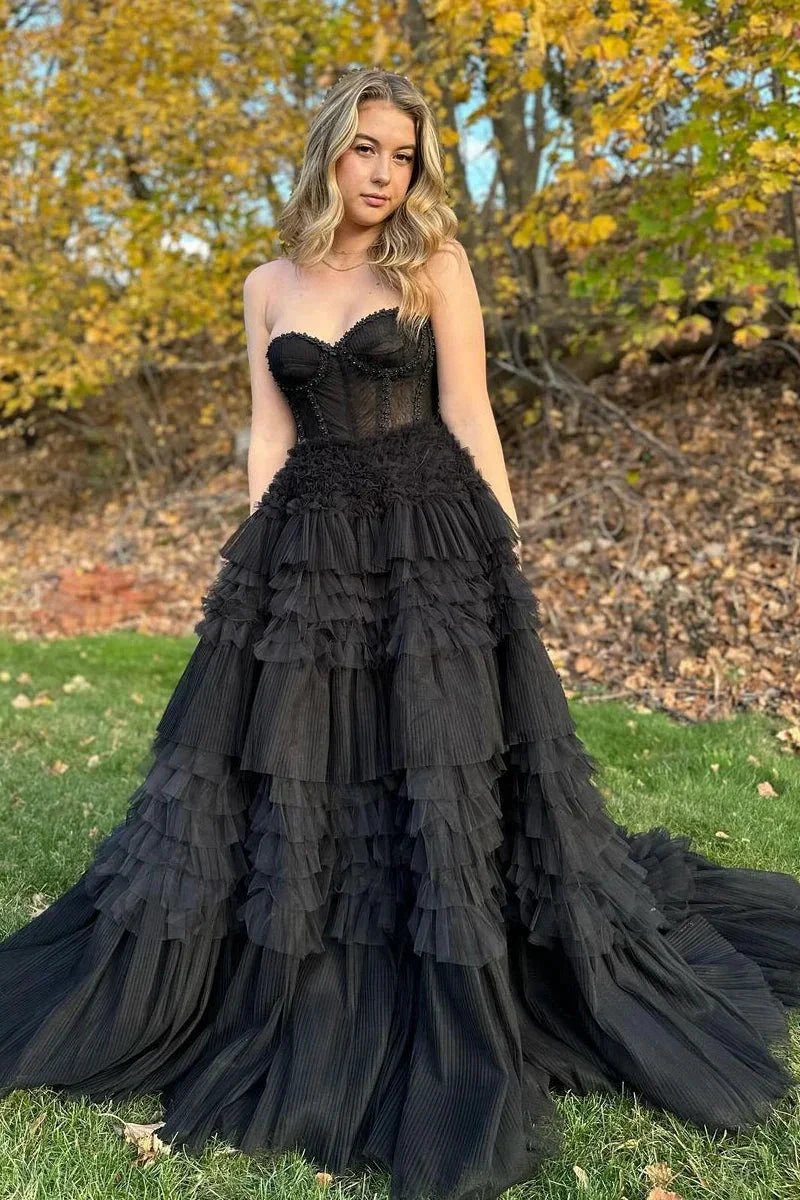 Averi | Blushing Pink Tulle Ruffle Layers Lace-Up Back A-Line Prom Dress by KissProm