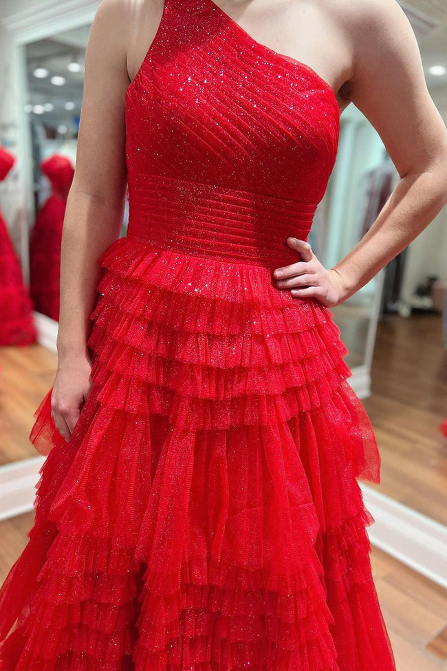 Sparkly Red One Shoulde Ruffle Tulle A-Line Long Prom Dresses Main Image