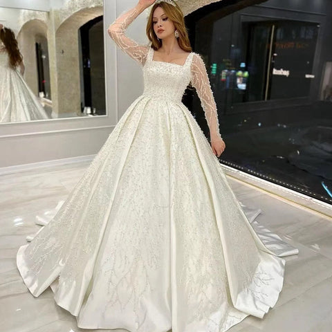 Luxury Wedding Dress Embroidered Lace Beading With Princess Ball Gown Square Collar Fullsleeve Bride Button Vestido De Novia