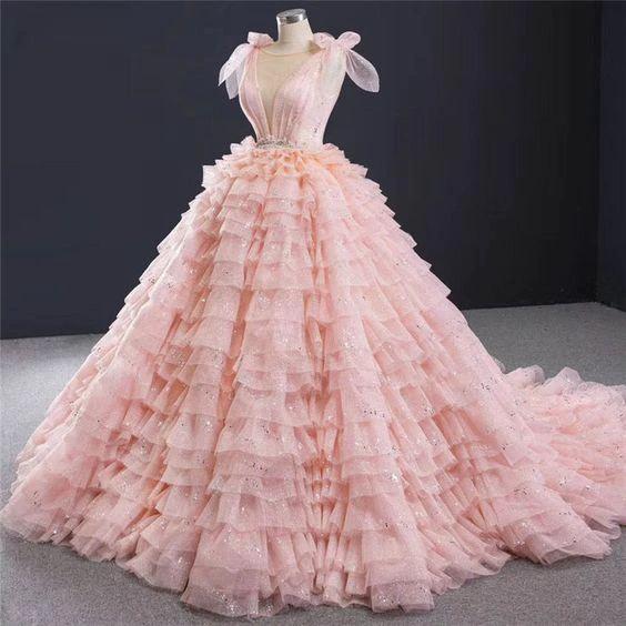 Sparkly Blush Pink Quinceanera Dresses Layered Ruffle Sweet 16 Dress Blush Pink Ball Gown Y476 by simplepromdress