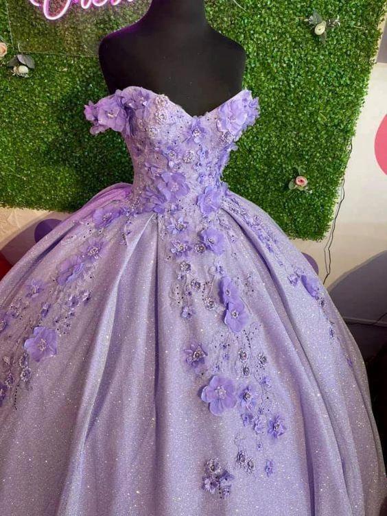 Lavender ball gown off the shoulder with 3d flowers sweet 16 dress Y473 by simplepromdress