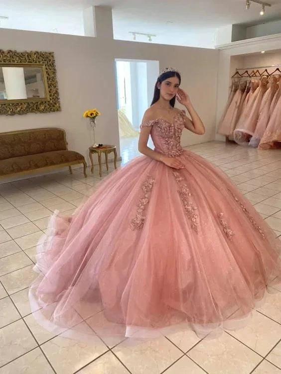 Sweet 16 Pink Quinceanera Dresses With Lace Applique Off Shoulder Ball Gown Y469 by simplepromdress