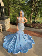 Sexy shimmery blue prom dress sparkling sequin reception dress evening cocktail graduation gown Y471 by simplepromdress