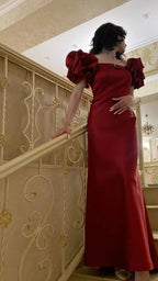 Elegant Red Puff Sleeves Satin Ball Gown Long Prom Evening Dress Y7603 by simplepromdress