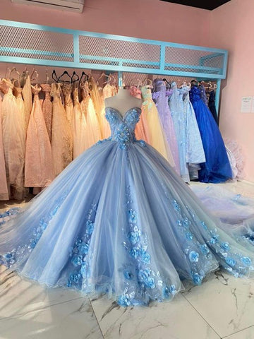 Vestido de quinceañera azul cielo con escote corazón y apliques, vestido de fiesta para dulces 16, Y1872