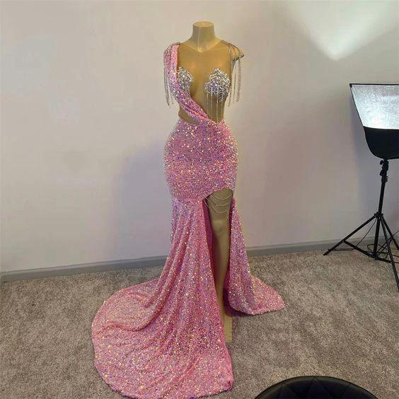 Glitter Pink Sequins Prom Dresses For Black Girls Tassels Luxury Dress For Gala Party 2023 Split Slit Long Mermaid Evening Gowns Y1871 by simplepromdress