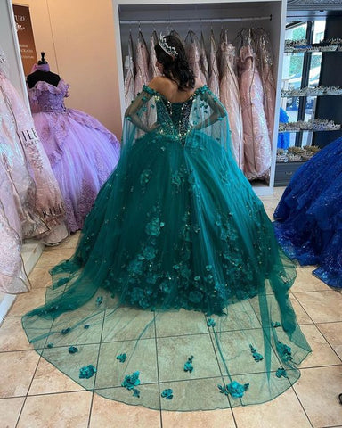 Vestido de quinceañera verde esmeralda con hombros descubiertos y estampado floral, recién llegado, vestido de fiesta para dulces 16, Y1226