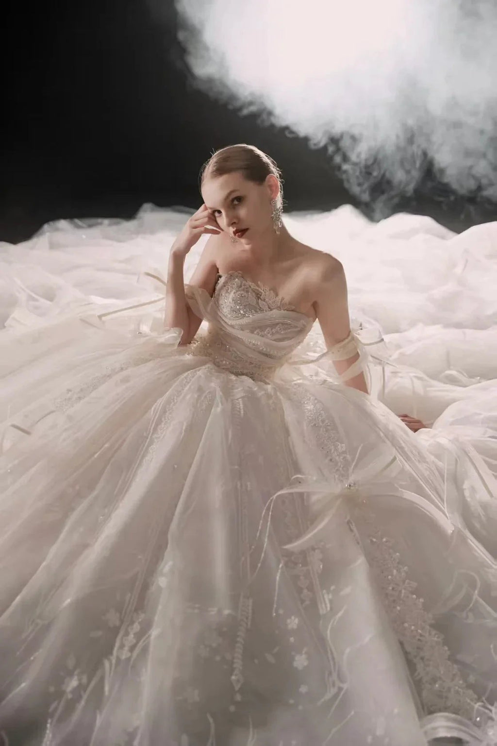 Romantic Strapless Ball Gown Tulle Ribbon Embellished Lace Wedding Dress with Voluminous Skirt H008 by ZAPDRESS