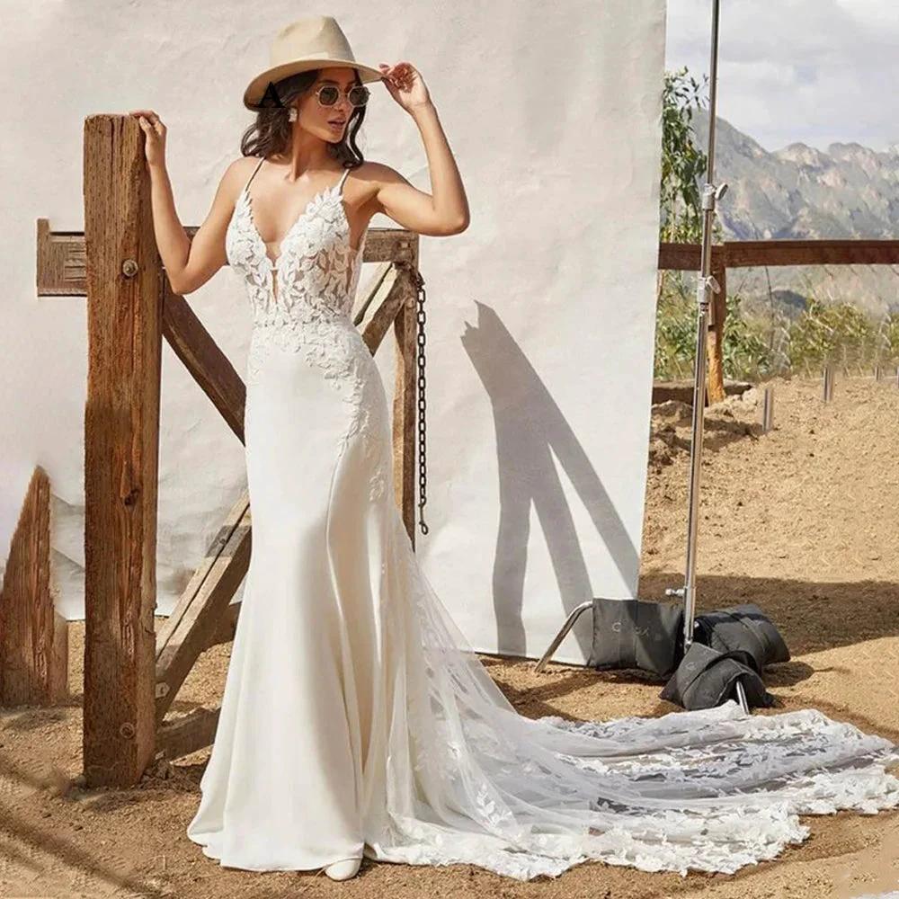Spaghetti Strap Mermaid Wedding Dresses For Bride Satin V-Neck Appliques Backless Sleeveless Customised Robe De Mariée by payinti