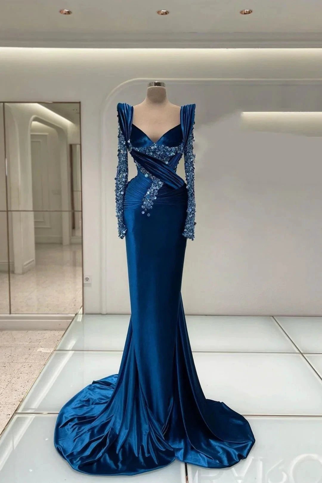 Royal Blue Mermaid Prom Dress with Elegant Long Sleeves and Sparkling Beadwork by BIZTUNNEL
