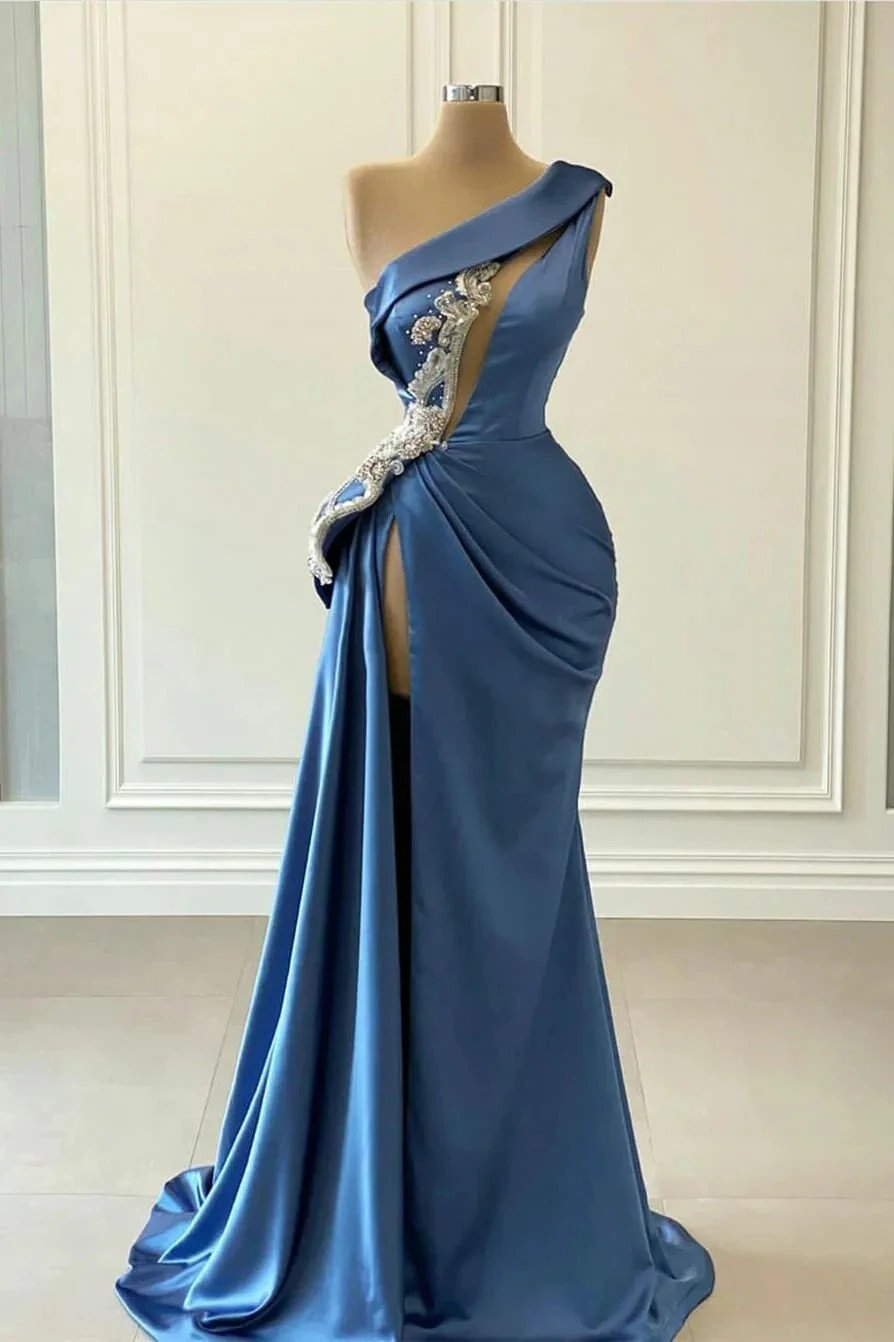 Elegantes langes Meerjungfrau-Abendkleid aus Satin mit einer Schulter und Schlitz