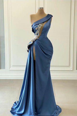 Elegantes langes Meerjungfrau-Abendkleid aus Satin mit einer Schulter und Schlitz
