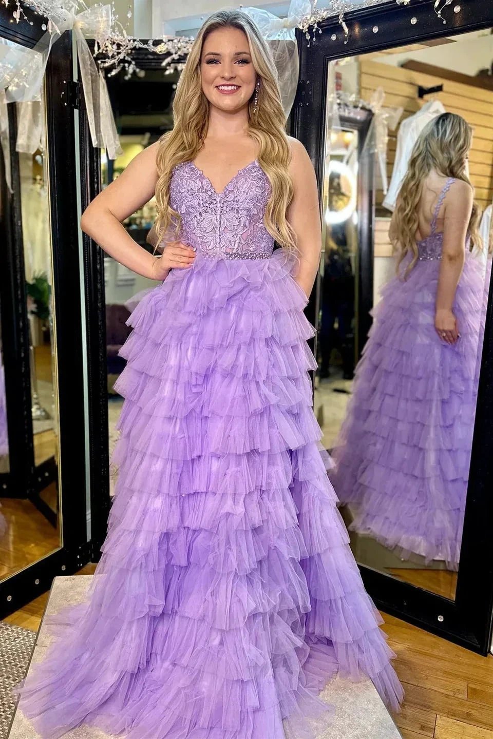 Marissa | Lavender Appliques V-Neck Ruffle Tiered Long Prom Dress by KissProm