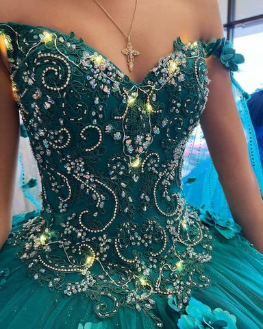 Vestido de quinceañera verde esmeralda con hombros descubiertos y estampado floral, recién llegado, vestido de fiesta para dulces 16, Y1226