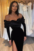 Strapless Sleek Black Mermaid Prom Dress with Long Sleeves and Stylish Slit by BIZTUNNEL