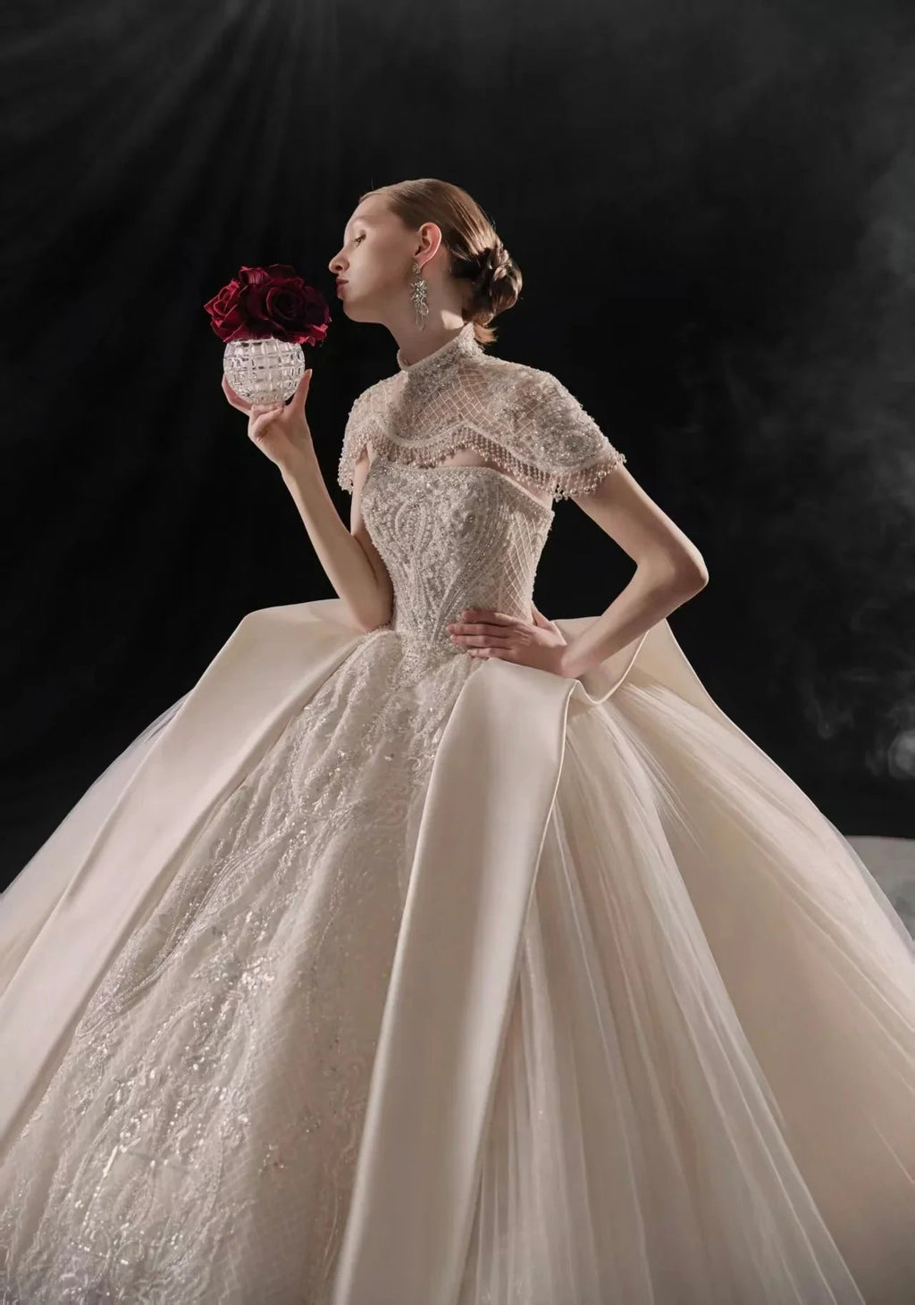 Regal High-Neck Ball Gown Beaded Mesh Capelet Satin Panel Wedding Dress with Embroidered Train Q6005 by ZAPDRESS