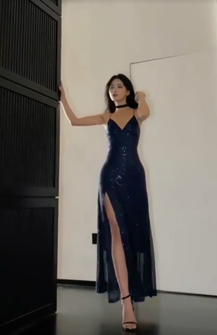 Vestido de fiesta azul marino con lentejuelas y abertura, sexy, Y7671