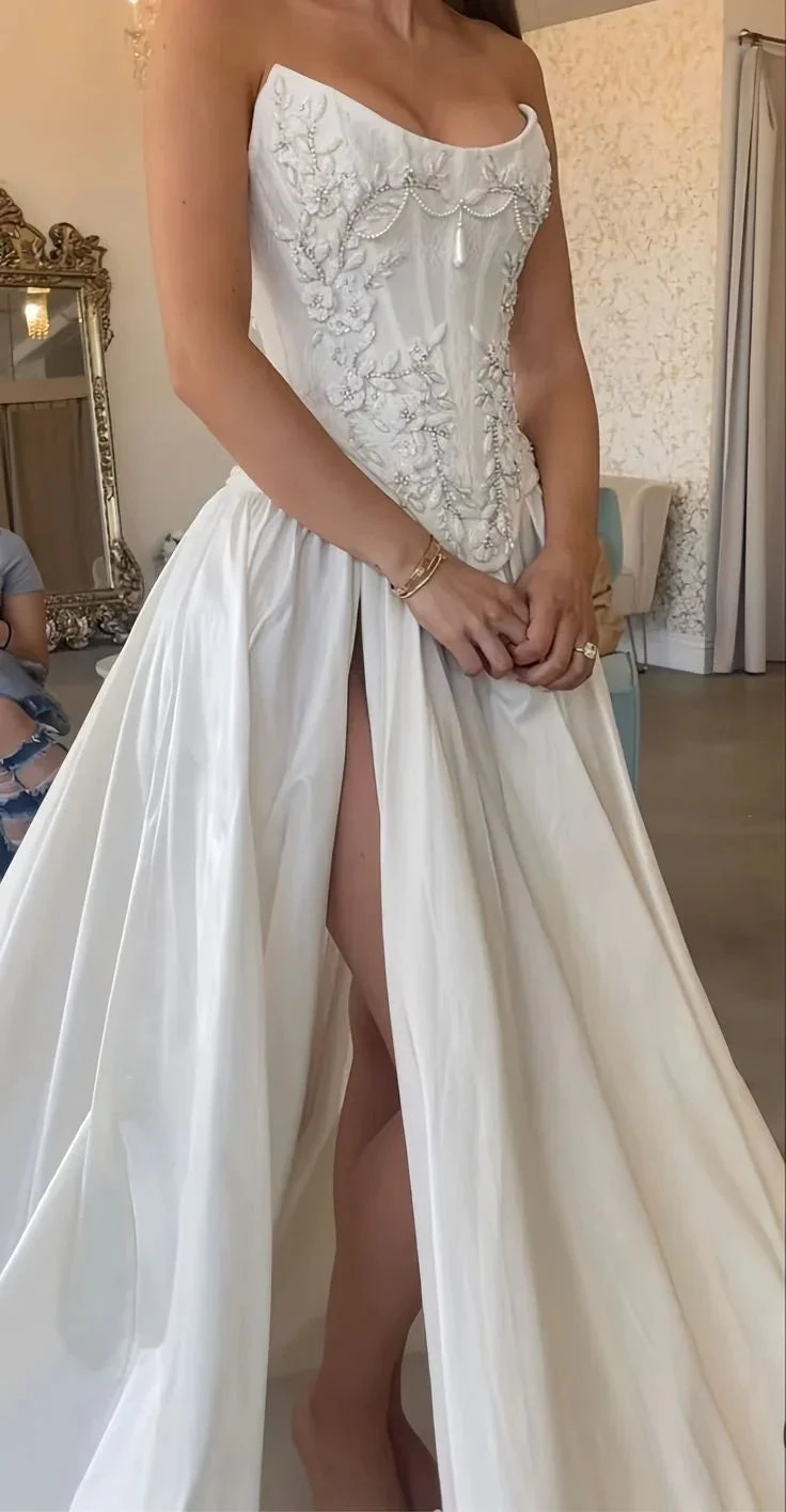 Beautiful Strapless White Lace Satin Beaded Prom Dress Vintage Wedding Dress Y7534 by simplepromdress