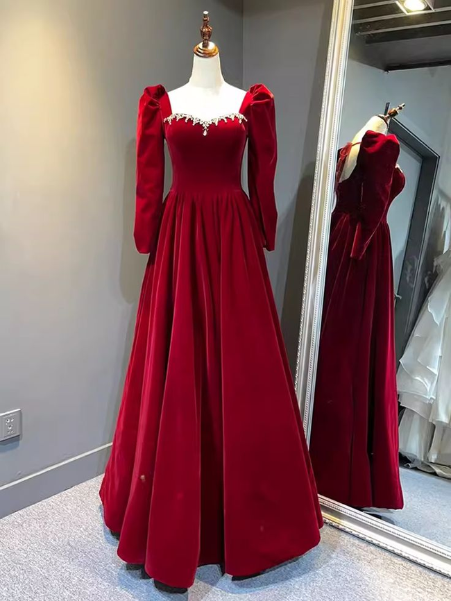 Beautiful A Line Red Velvet Prom Dress Sweatheart Party Dress Brithday Ball Gown Y7588 Hover Image