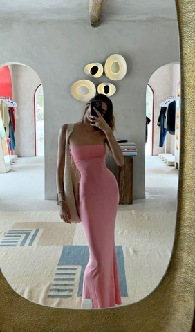 Rosa trägerloses Etuikleid, langes Ballkleid, sexy Abendkleid Y7514